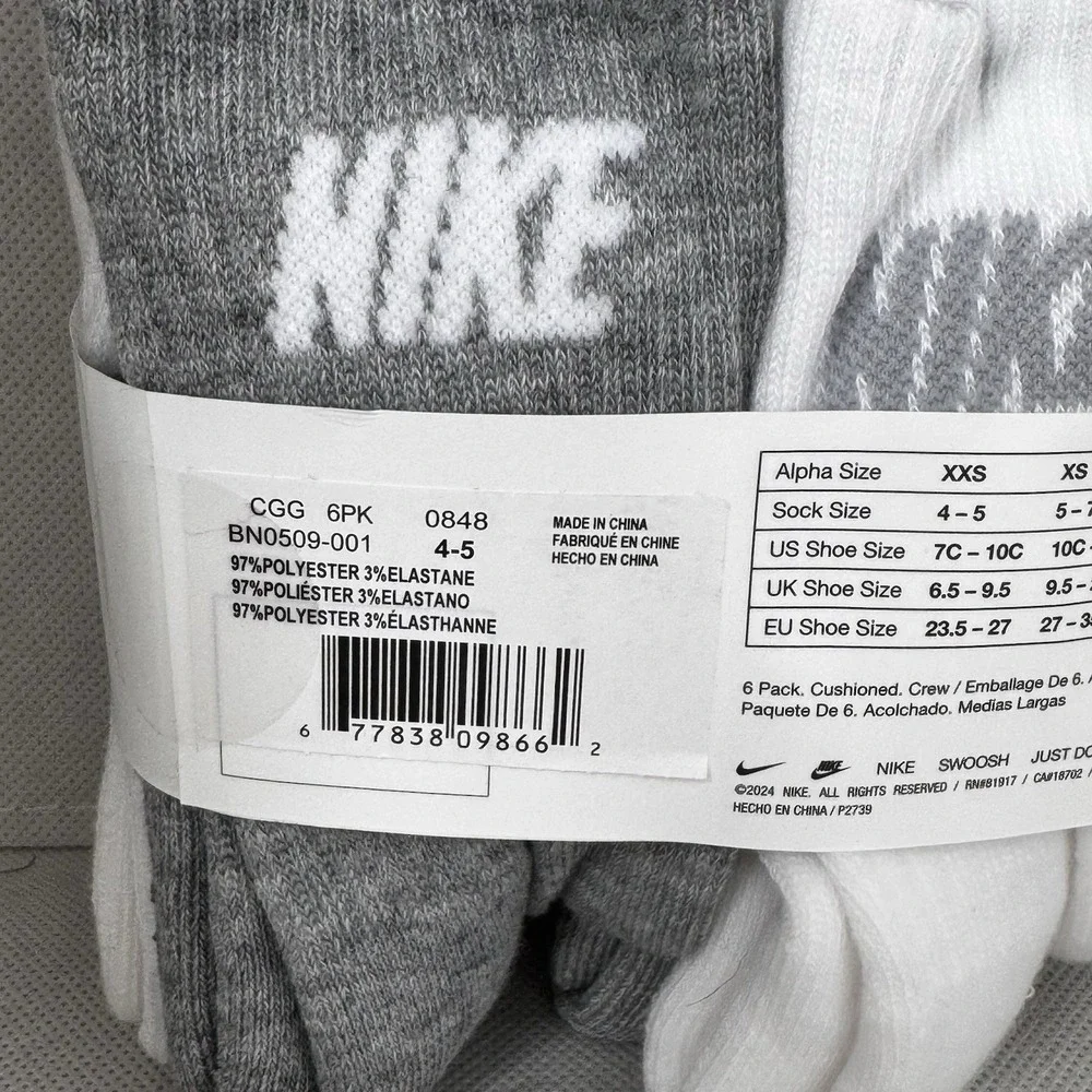 Nike Kids Crew Socks 6 Pack White Grey Cushioned Size 7C-10C BN0509-001 NEW